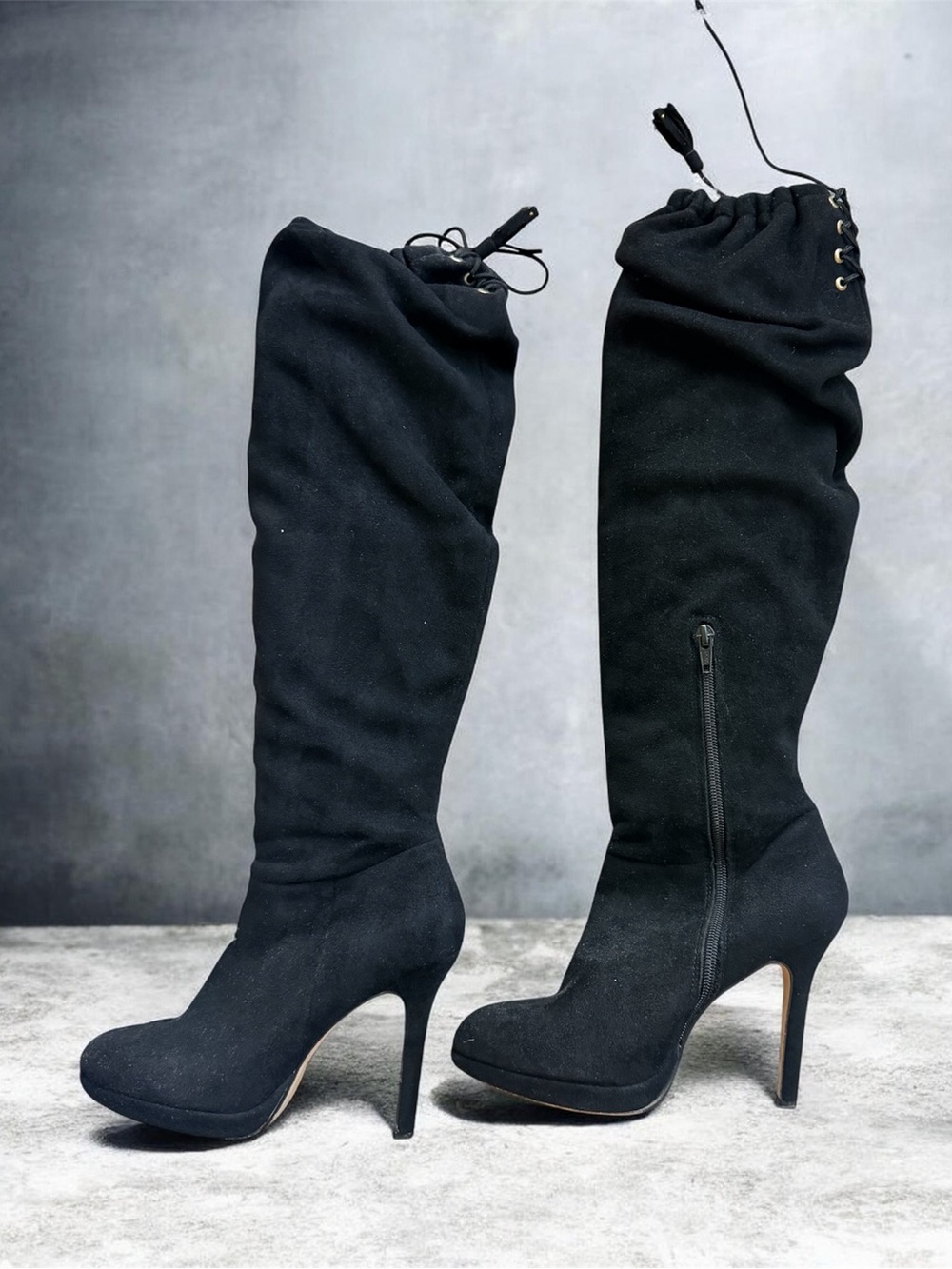 Black Suede-Like Knee High Stiletto Boots Lace-Up Tassels Size 6